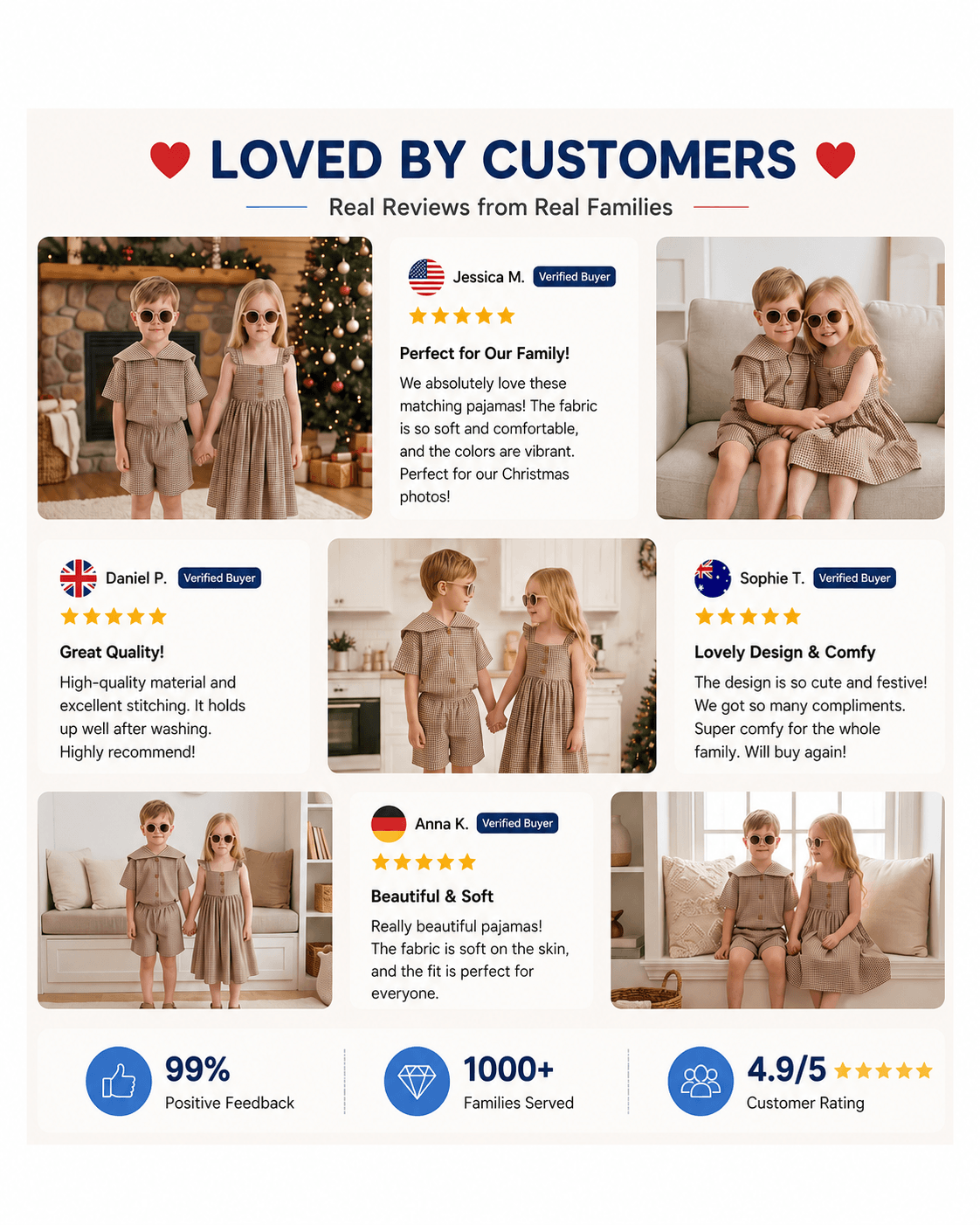 Customer review collage featuring brown gingham sibling matching outfits