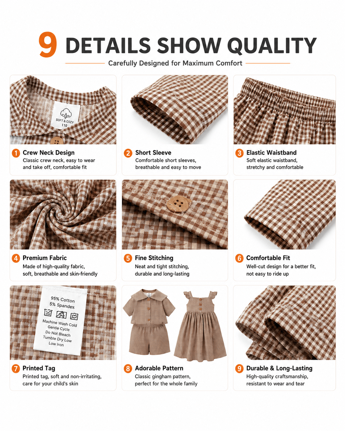 Construction details of brown gingham sibling matching outfit set