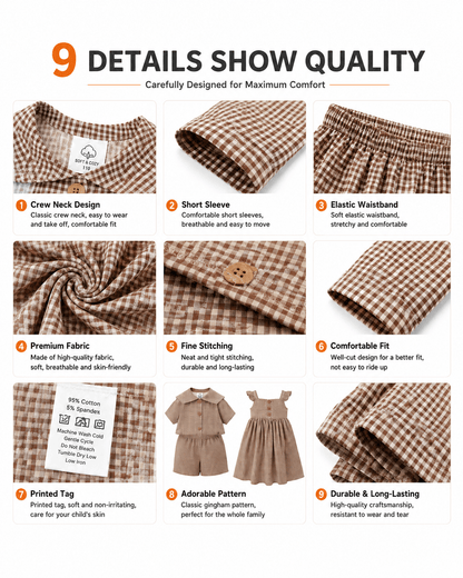 Construction details of brown gingham sibling matching outfit set