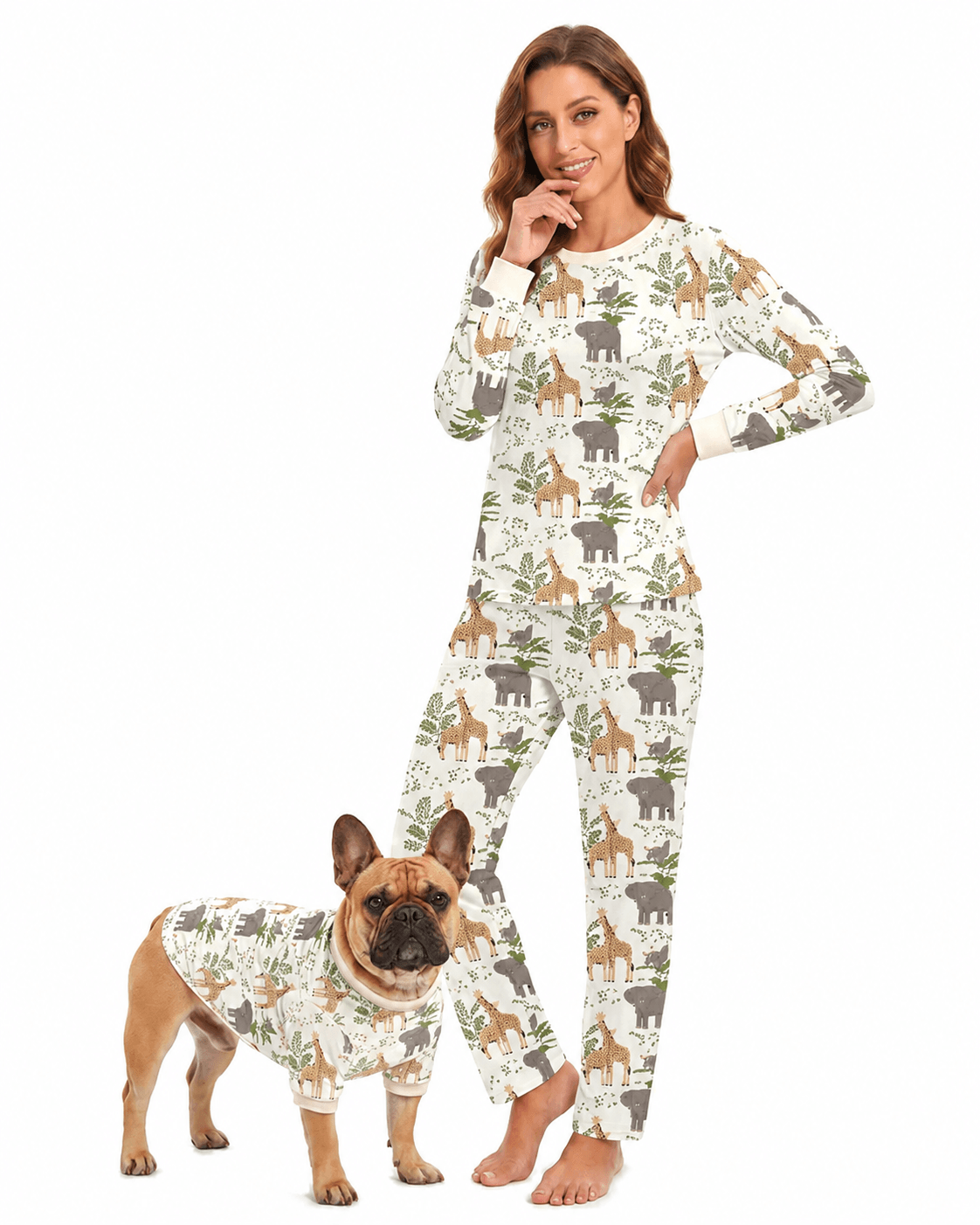 Woman and dog wearing matching nature print pajamas