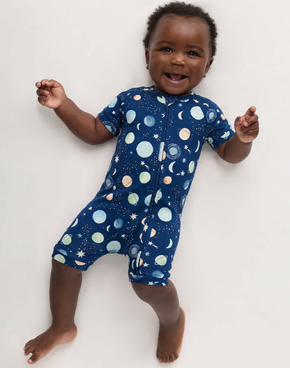Baby wearing bamboo viscose space print shortie zip romper - Alice Apparel