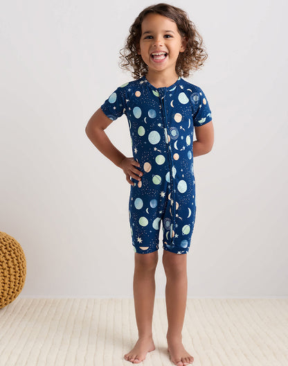 Toddler girl wearing bamboo viscose space print shortie zip romper - Alice Apparel