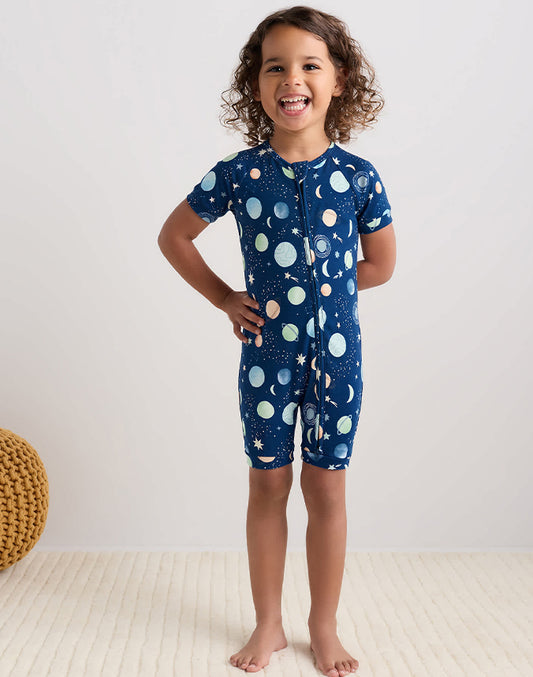 Toddler girl wearing bamboo viscose space print shortie zip romper - MUHONG APPAREL