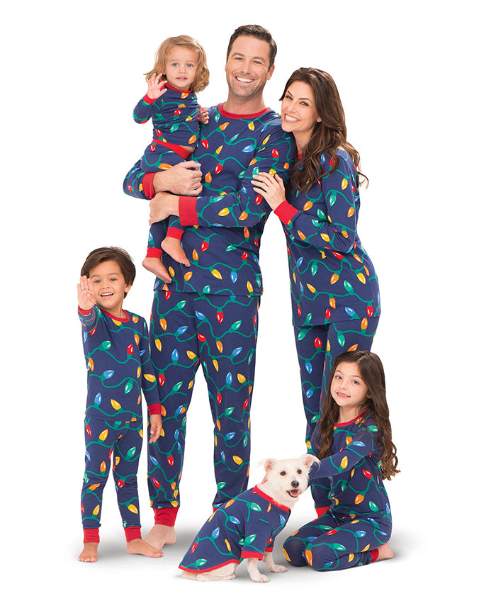 Family and dog wearing matching Christmas lights pajamas full set - Alice Apparel