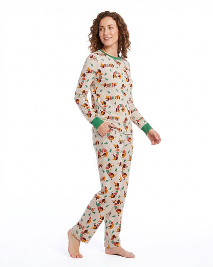 Woman wearing cartoon print long sleeve pajama set
