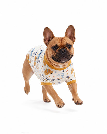Dog wearing matching playful print pet pajama outfit