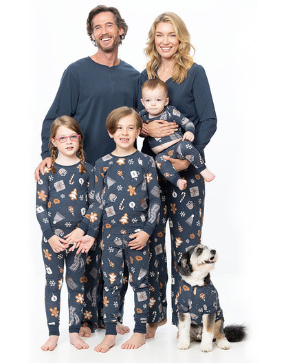 Family and dog wearing matching gingerbread holiday pajamas full set - Alice Apparel