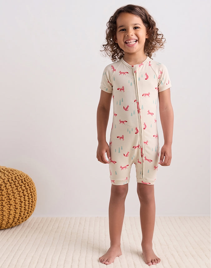 Toddler girl in bamboo viscose fox print shortie zip romper - Alice Apparel