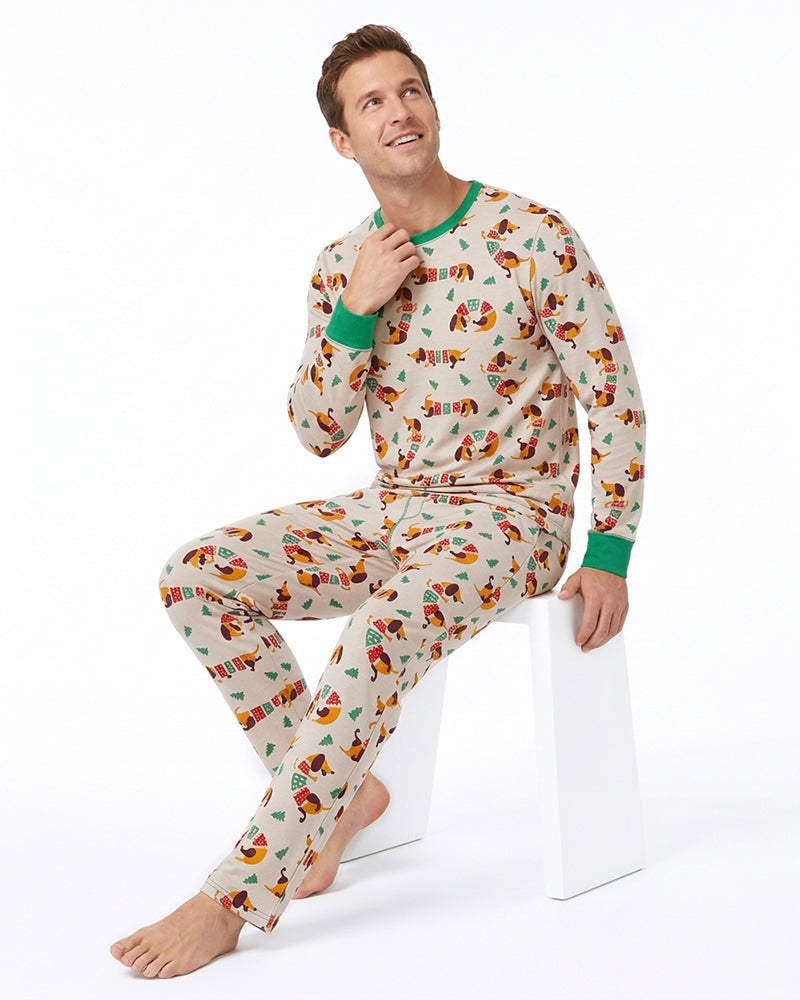 Man wearing matching printed two-piece pajama set