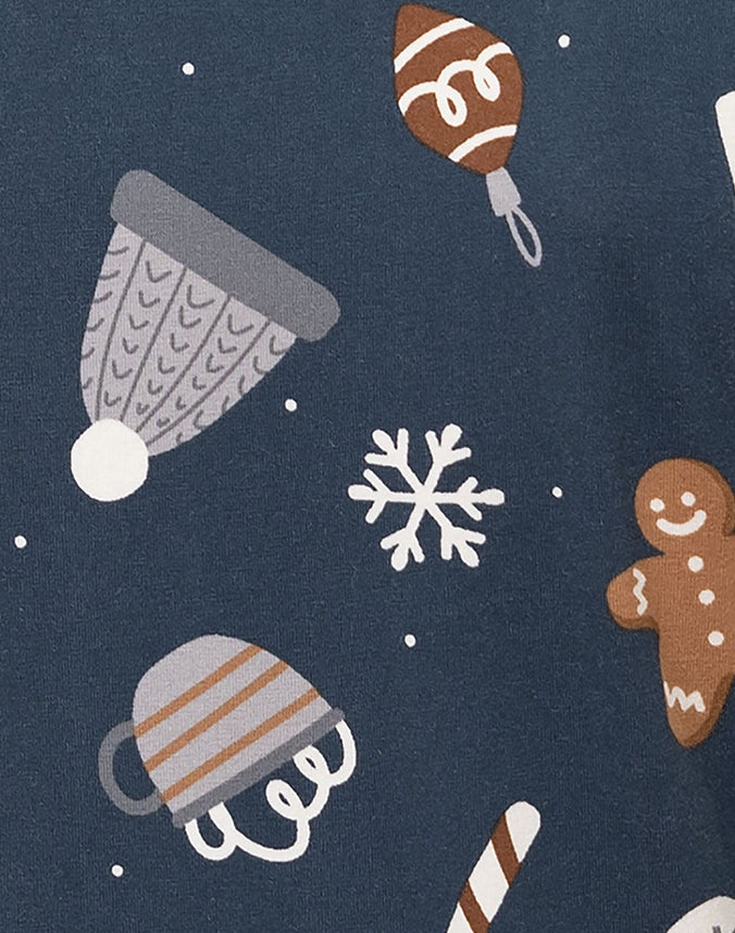 Gingerbread snowflake gift print cotton fabric detail for family pajamas - Alice Apparel