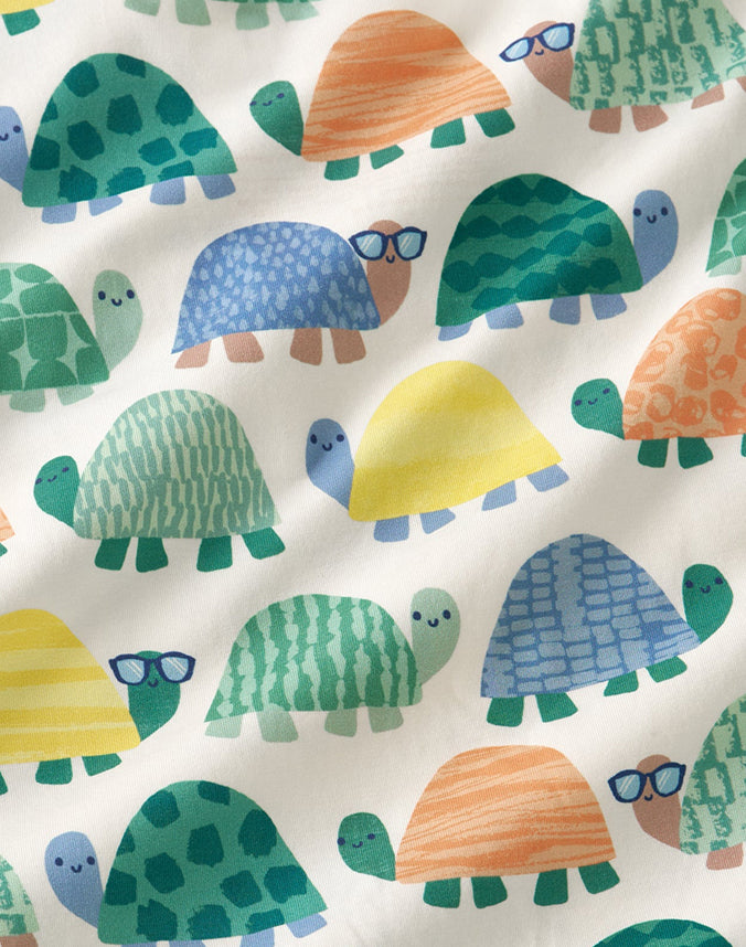 Close-up of colorful tortoise print on bamboo viscose baby shortie zip romper - Alice Apparel