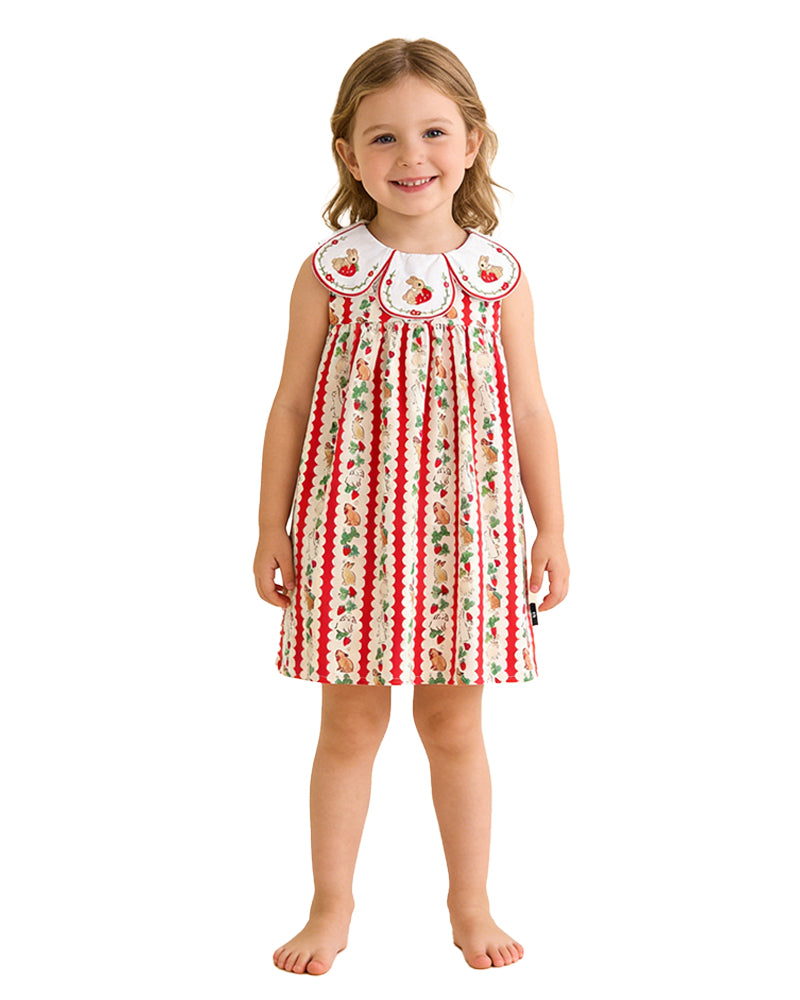 Sleeveless girls sundress embroidered peter pan collar fruit floral print