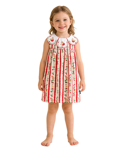 Sleeveless girls sundress embroidered peter pan collar fruit floral print