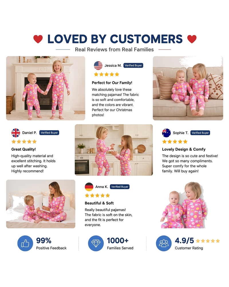 Customer presentation of sibling matching kids and baby sleepwear