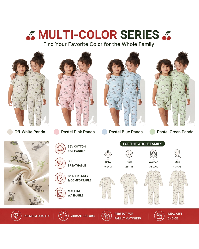 Sibling matching pajama sets shown in multiple print colorways