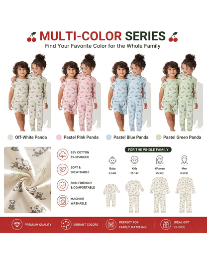 Sibling matching pajama sets shown in multiple print colorways