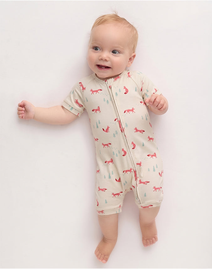 Baby wearing bamboo viscose fox print shortie zip romper - Alice Apparel