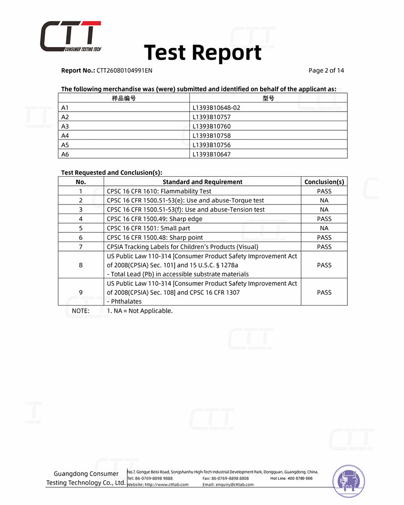 Children's product compliance test report for kids pajamas