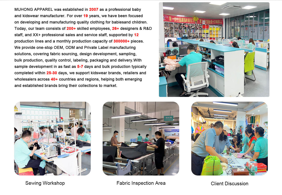 MUHONG Apparel company profile, professional baby and kids wear manufacturer, sewing workshop, fabric inspection area, client meeting room, OEM ODM children clothing factory