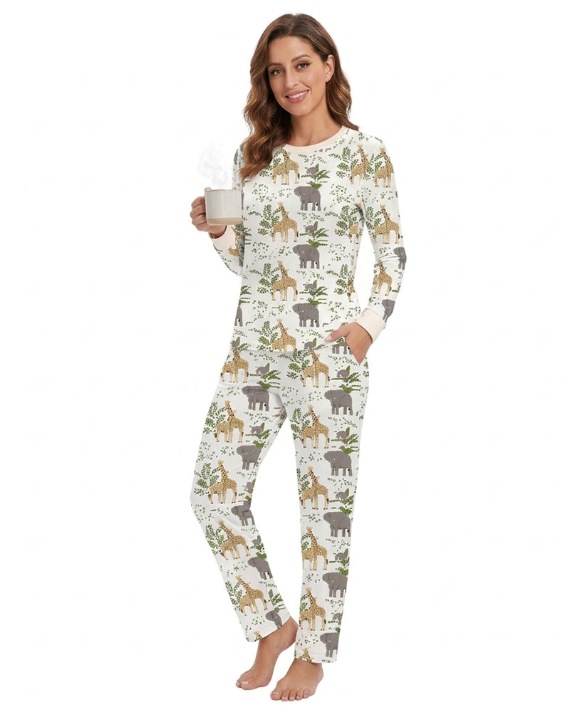 Woman wearing nature print long sleeve pajama set