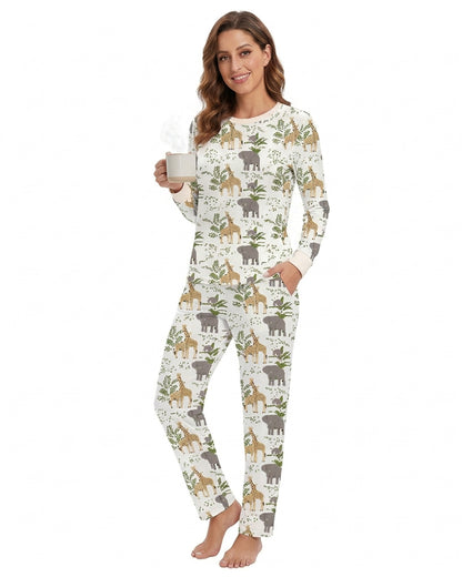Woman wearing nature print long sleeve pajama set