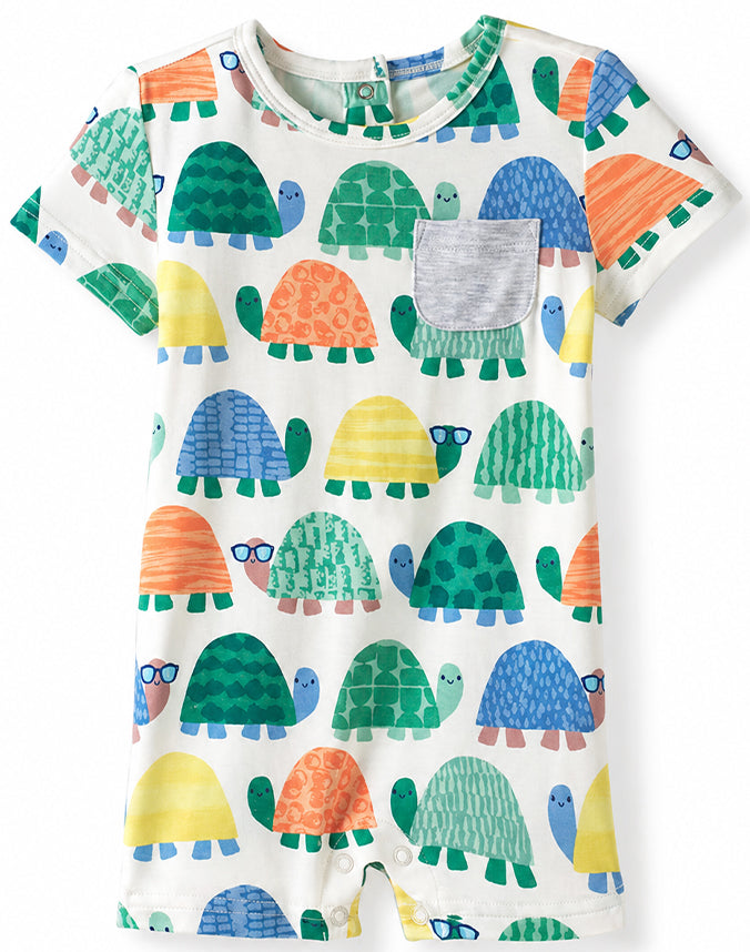 Bamboo viscose baby shortie zip romper with colorful tortoise print flat lay - Alice Apparel