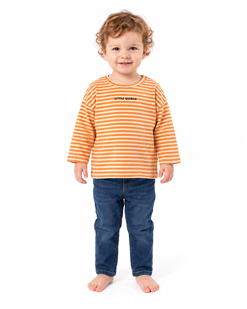 Toddler wearing orange stripe long sleeve crew neck sweatshirt
