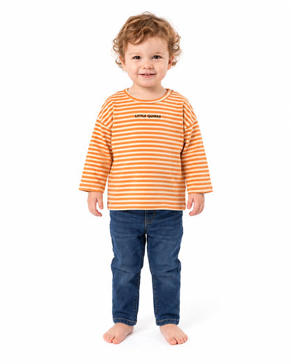 Toddler wearing orange stripe long sleeve crew neck sweatshirt