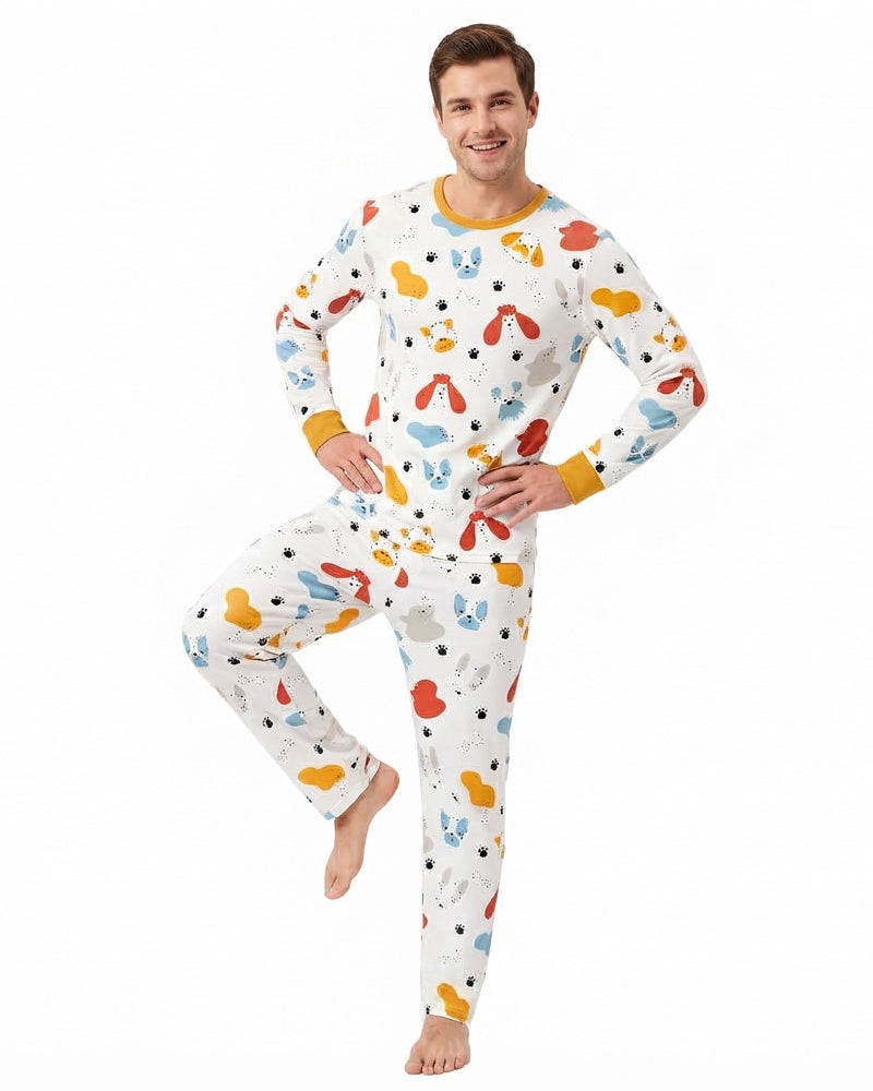 Man wearing matching animal print two-piece pajamas