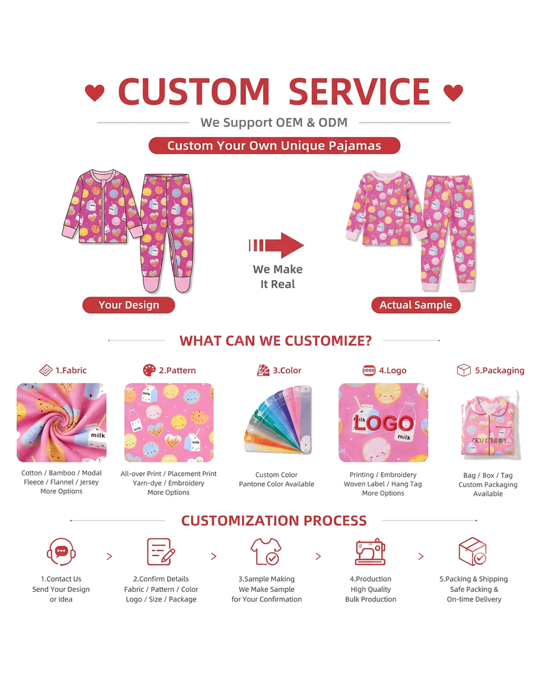 Customization options for sibling matching pajamas and baby rompers