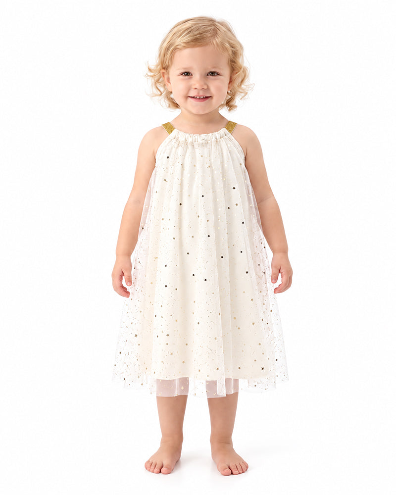 Girl wearing ivory textured sleeveless gathered dress