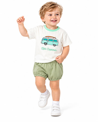 Kids white graphic T-shirt with mint contrast neckline