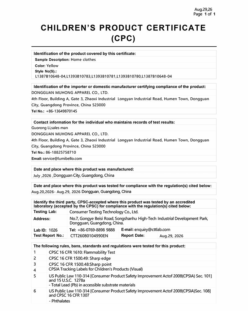 Example Children's Product Certificate documentation from MUHONG APPAREL