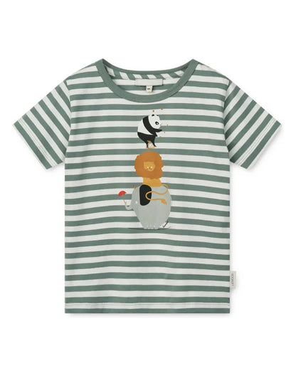 Boy wearing striped cartoon print kids T-shirt with panda lion penguin design - Alice Apparel