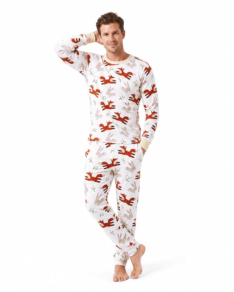 Man wearing custom fox print long sleeve pajama set