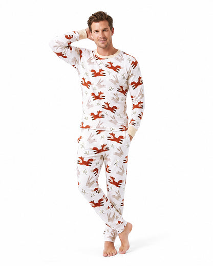 Man wearing custom fox print long sleeve pajama set