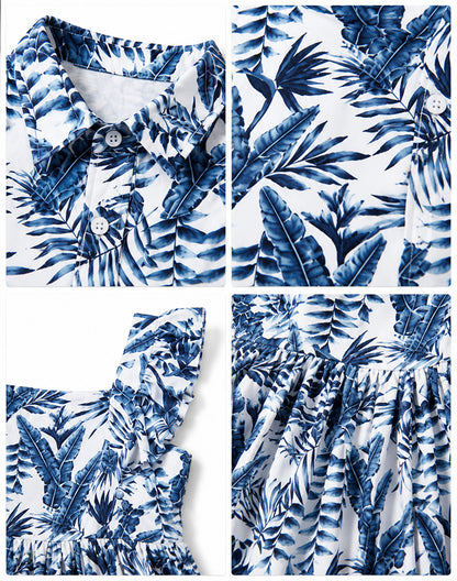 Close-up collage of blue palm leaf print shirt and dress details - Alice Apparel