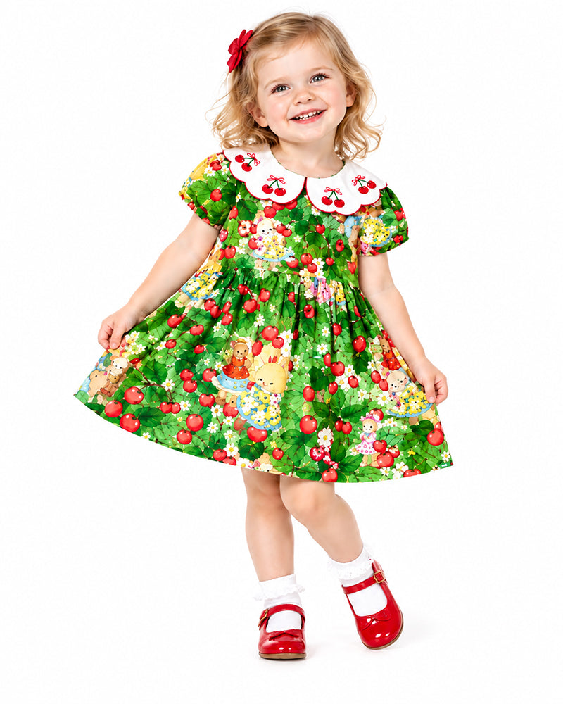 Girls festive floral print dress with contrast white collar