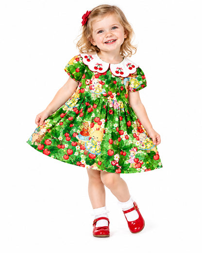 Girls festive floral print dress with contrast white collar