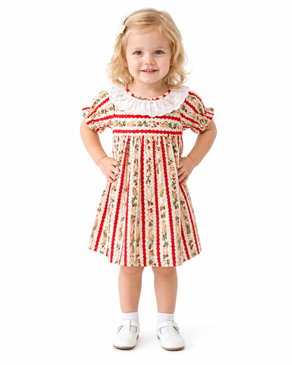 Girls red orange floral stripe dress full outfit view