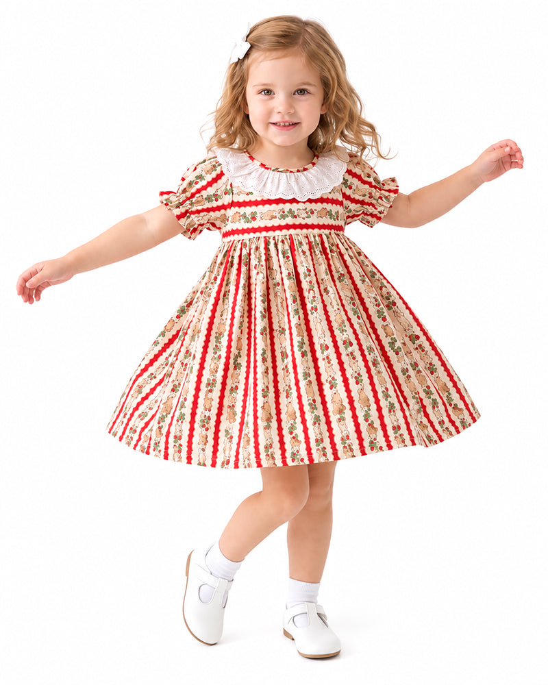 Girl wearing vintage stripe floral ruffle sleeve dress