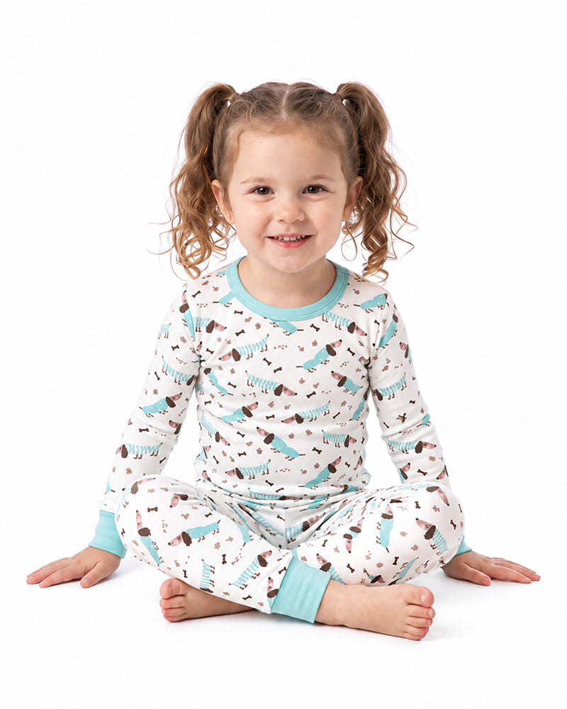 Kids wearing custom cartoon print long sleeve pajama set