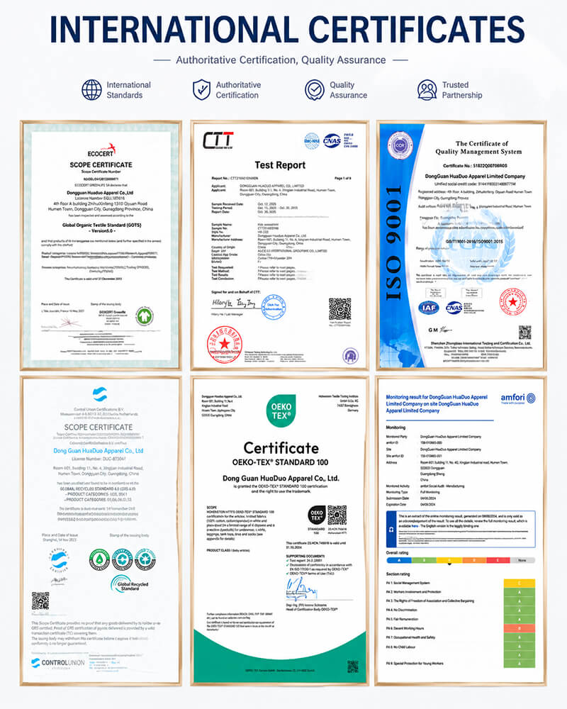 International apparel compliance documents including GOTS, OEKO-TEX Standard 100, ISO 9001, product test reports and an amfori BSCI audit