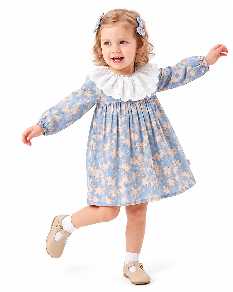 Girls light blue floral long sleeve ruffle collar dress