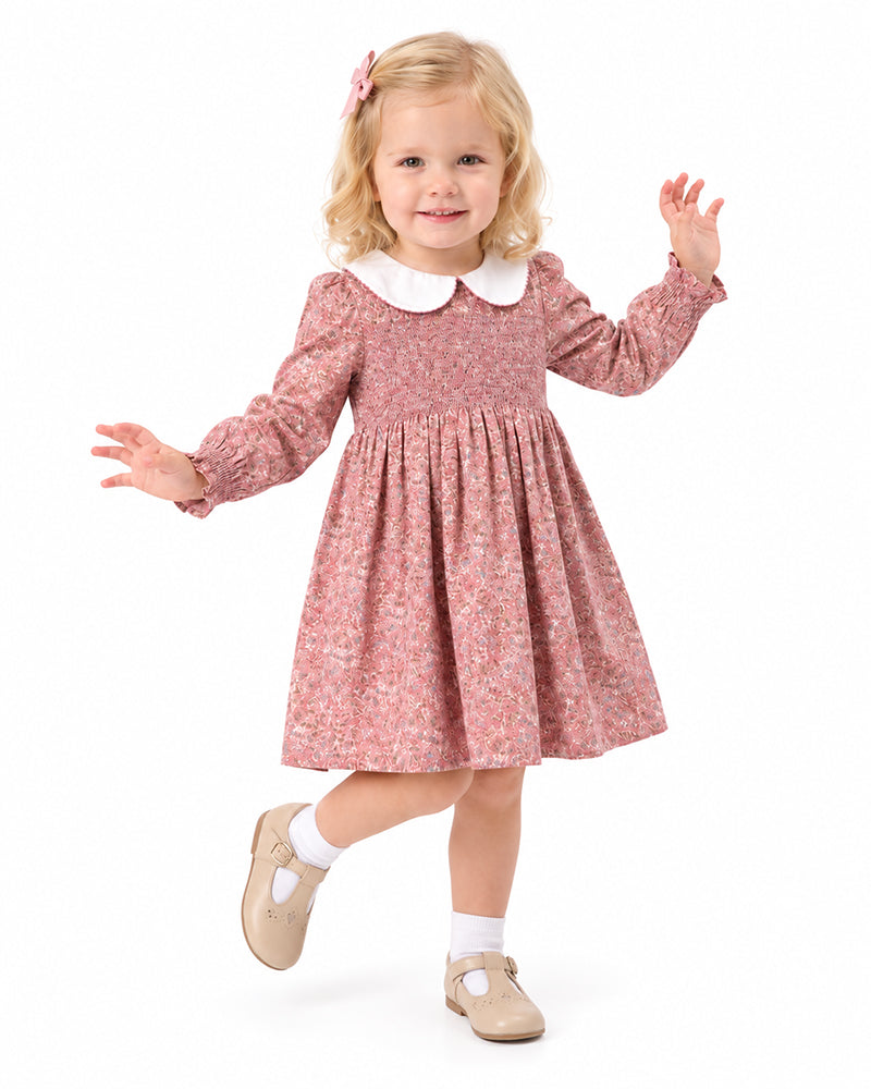 Girls pink floral long sleeve dress with white Peter Pan collar
