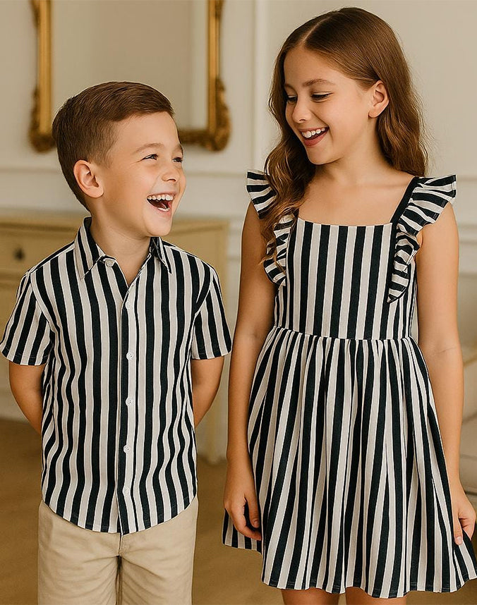 Brother and sister wearing matching black and white striped shirt and dress - Alice Apparel