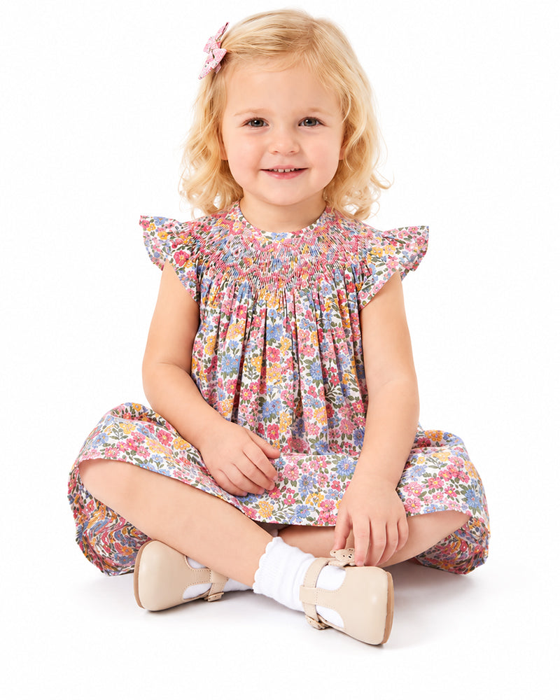 Girls floral print ruffle sleeve dress full outfit view