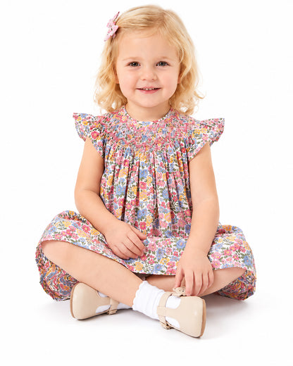 Girls floral print ruffle sleeve dress full outfit view
