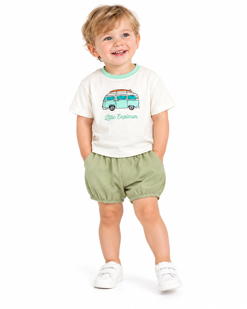 Toddler wearing Little Explorer retro van graphic T-shirt