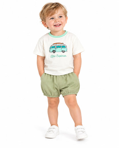 Toddler wearing Little Explorer retro van graphic T-shirt